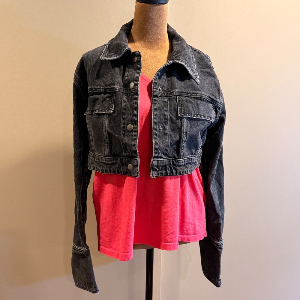 Cropped Denim Distressed Faded Jacket Women S Black Edgy Trucker Grunge Y2K